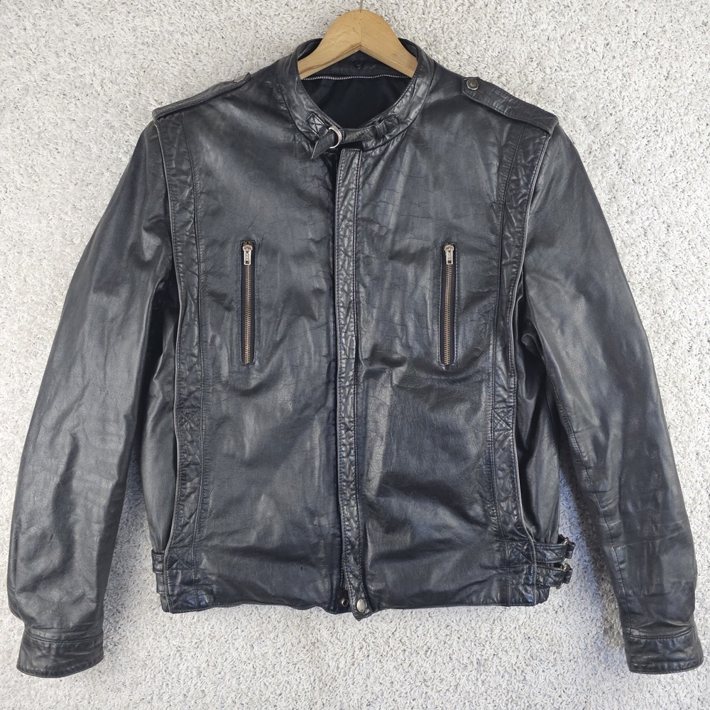 Vintage Cafe Racer Moto Leather Bomber Jacket Buckle Throat Latch Sz 42 Grunge